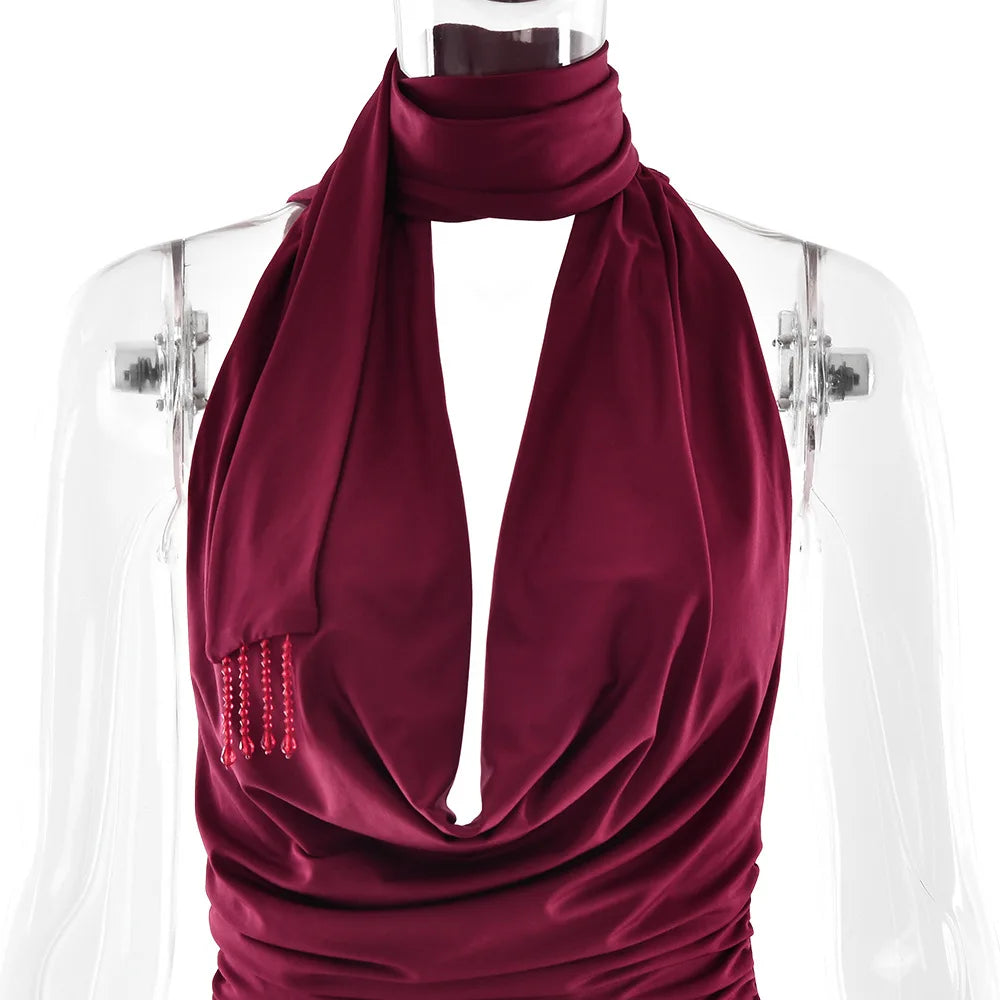 Women's Elegant Ruched Draped Halter 2 Piece Set - Top & Mini Skirt
