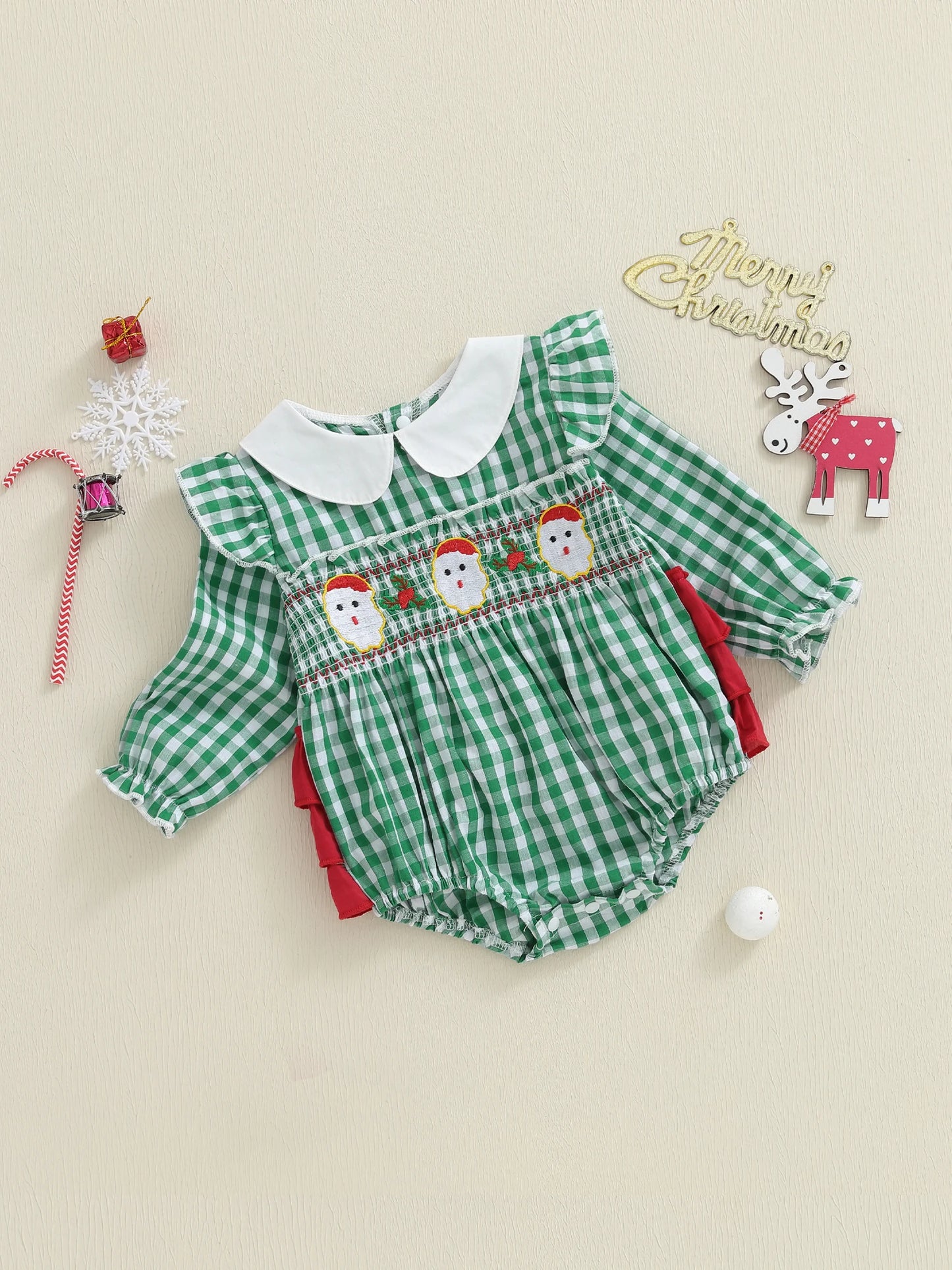 Baby Girls Christmas Romper - Plaid Santa Embroidery Long Sleeve Jumpsuit