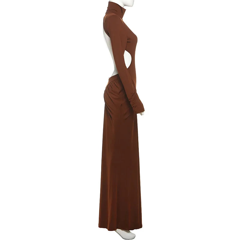 Women's Ruched Long Sleeve Maxi Dress - Elegant Backless Evening Gown