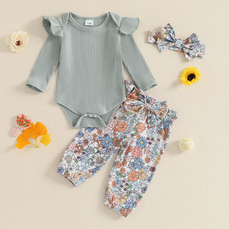 0-18M Baby Girls Fall Clothes Sets 3pcs Long Sleeve Ribbed Romper and Bow Front Pants and Headband