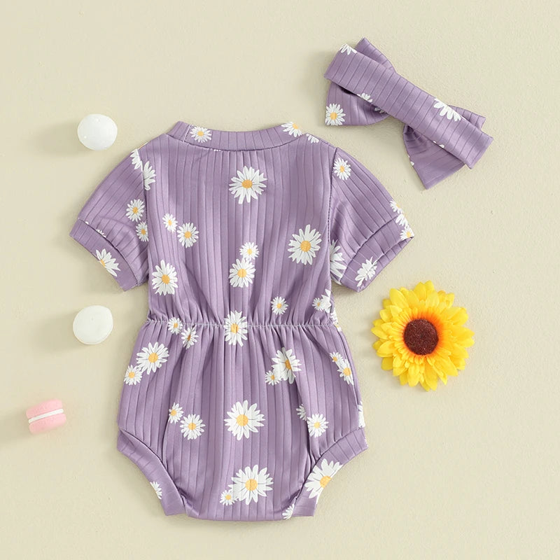 0-18M 2pcs Baby Romper Short Sleeve Sunflowers Print Elastic Waist Jumpsuits with Hairband