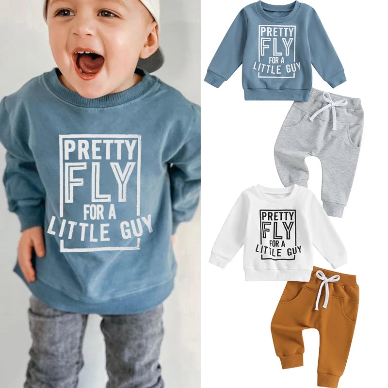 Infant Baby Boys Clothes Set 0-3Y Long Sleeve Letters Print Sweatshirt with Elastic Waist Solid Trousers