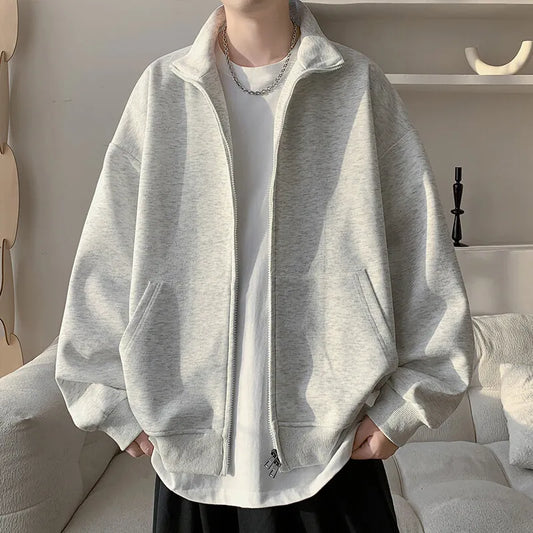 Men's Stand Collar Cardigan Hoodie - Double Zipper Casual Jacket