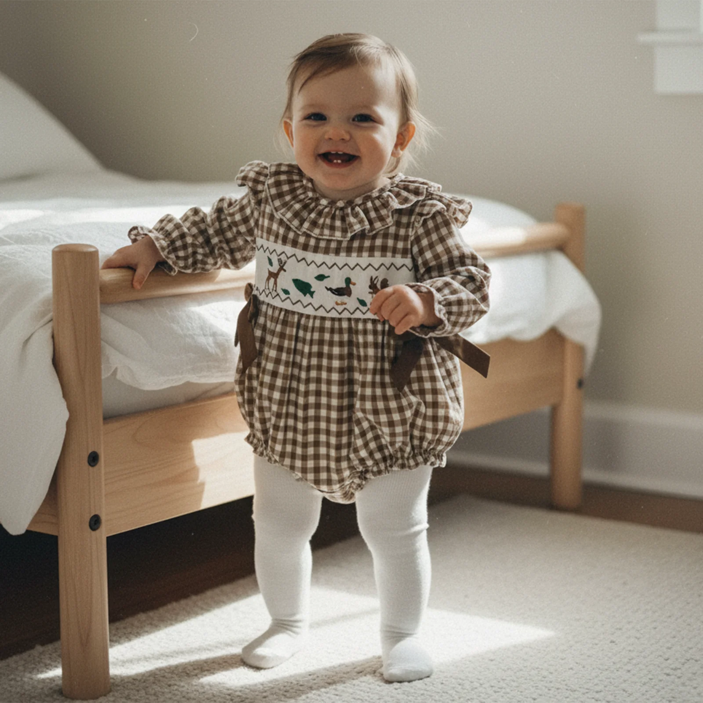 Baby Girls Boys Autumn Winter Plaid Long Sleeve Ruffle Collar Animal Embroidery Romper