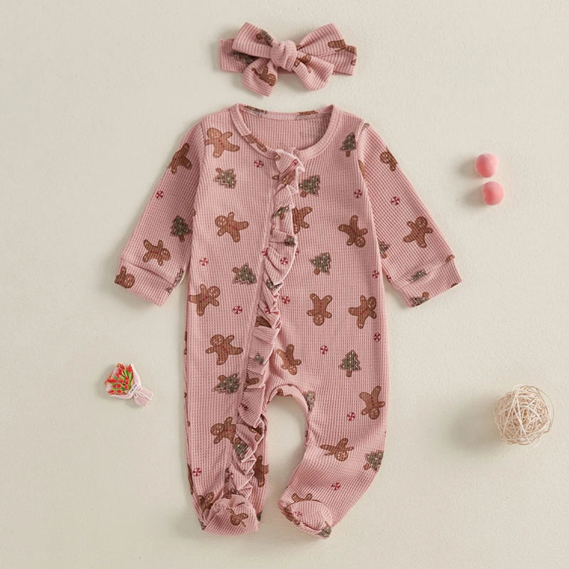 Baby Girls Boys Christmas Footies Jumpsuit Long Sleeve Gingerbread Print Ruffle Romper with Headband