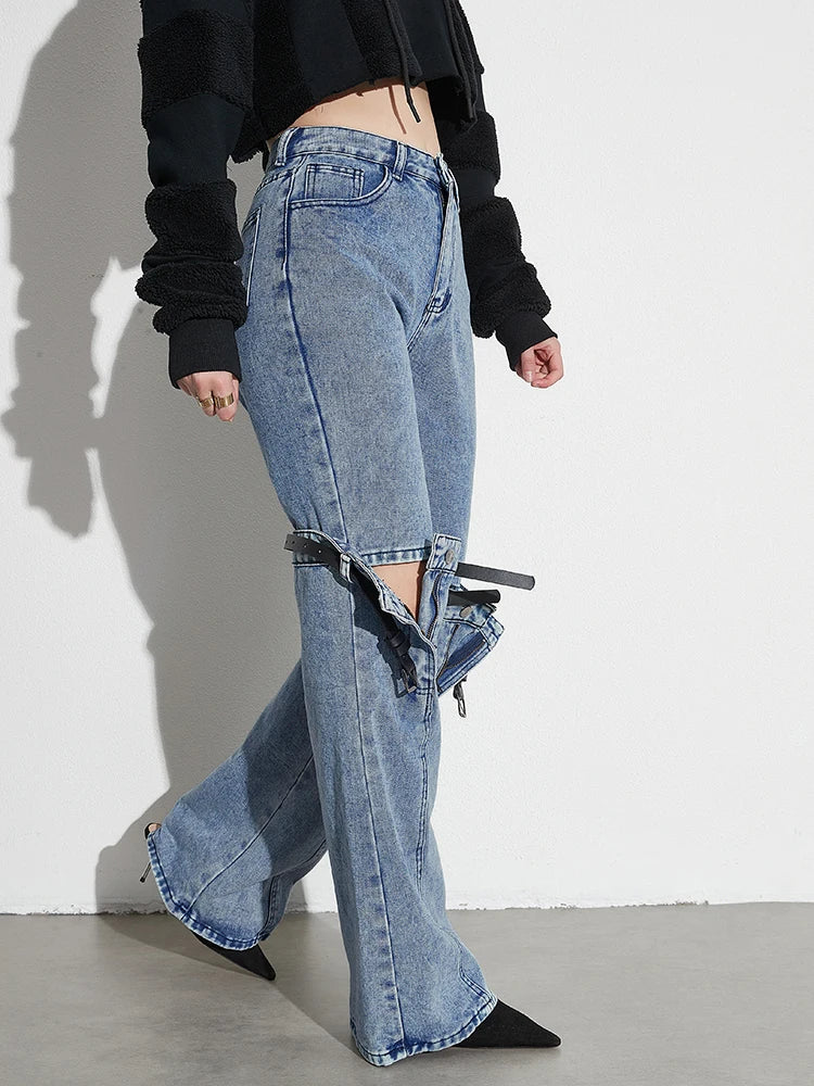 Women's Patchwork Belts Denim - High Waist Spliced Button Wide Leg Jeans