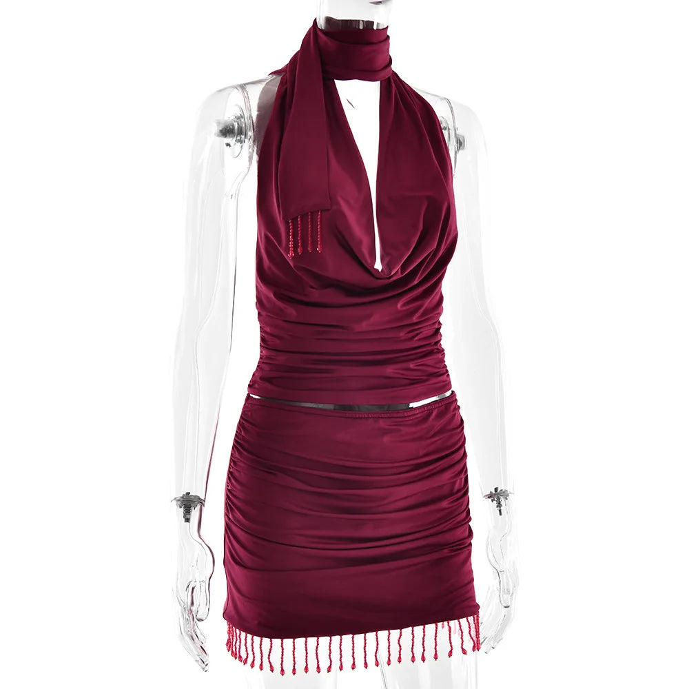 Women's Elegant Ruched Draped Halter 2 Piece Set - Top & Mini Skirt