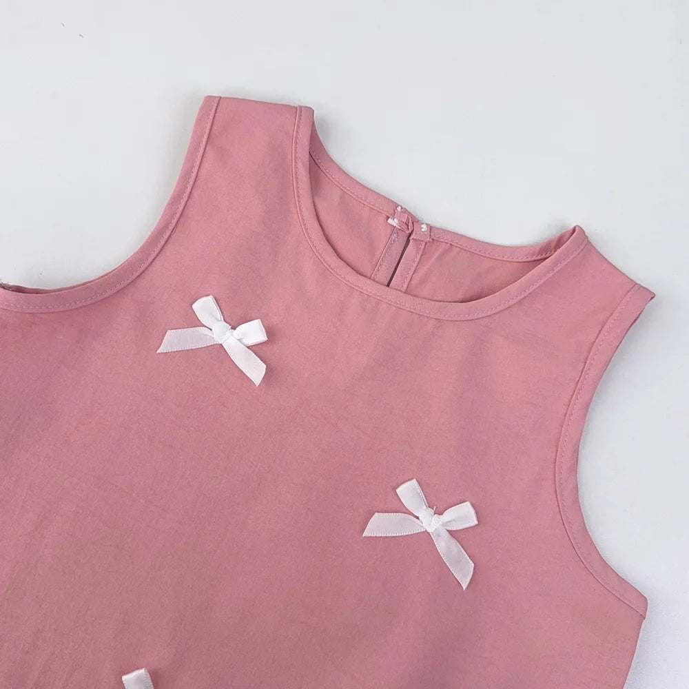Girl's Summer Casual Round Neck Bow Sleeveless Princess Dress