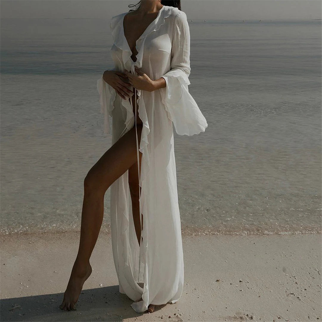 V Neck Ruffled Long Sleeve Chiffon Beach Cover Up Dress