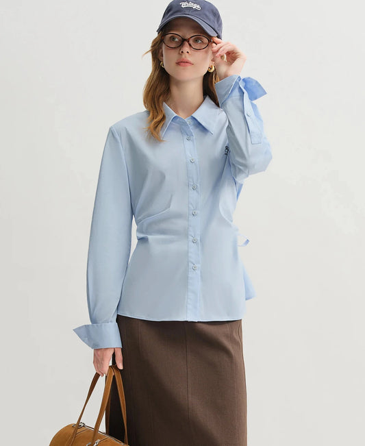 Pleated Tie-Waist Shirt & A-Line Skirt Suit - Tricolour Two-Piece