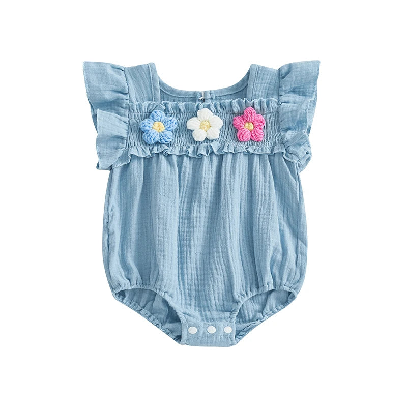 Newborn Baby Girls Flower Embroidery Romper - Smocked Flying Sleeve Jumpsuit (0-12M)