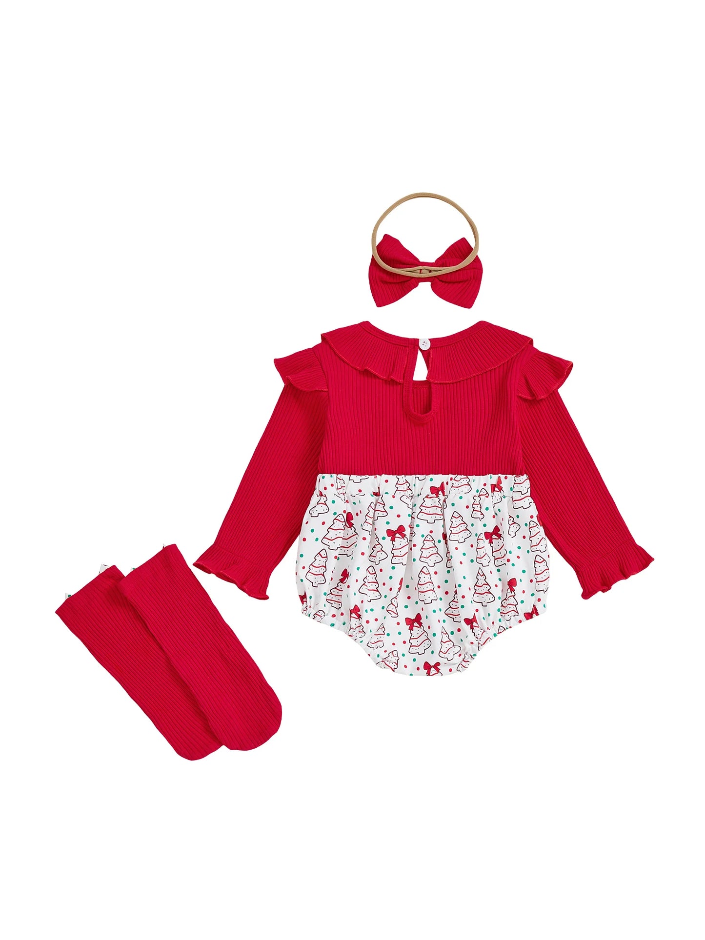 Baby Girls Christmas Romper Set - Santa Tree Bow Print Long Sleeve Ruffle Jumpsuit with Headband & Socks