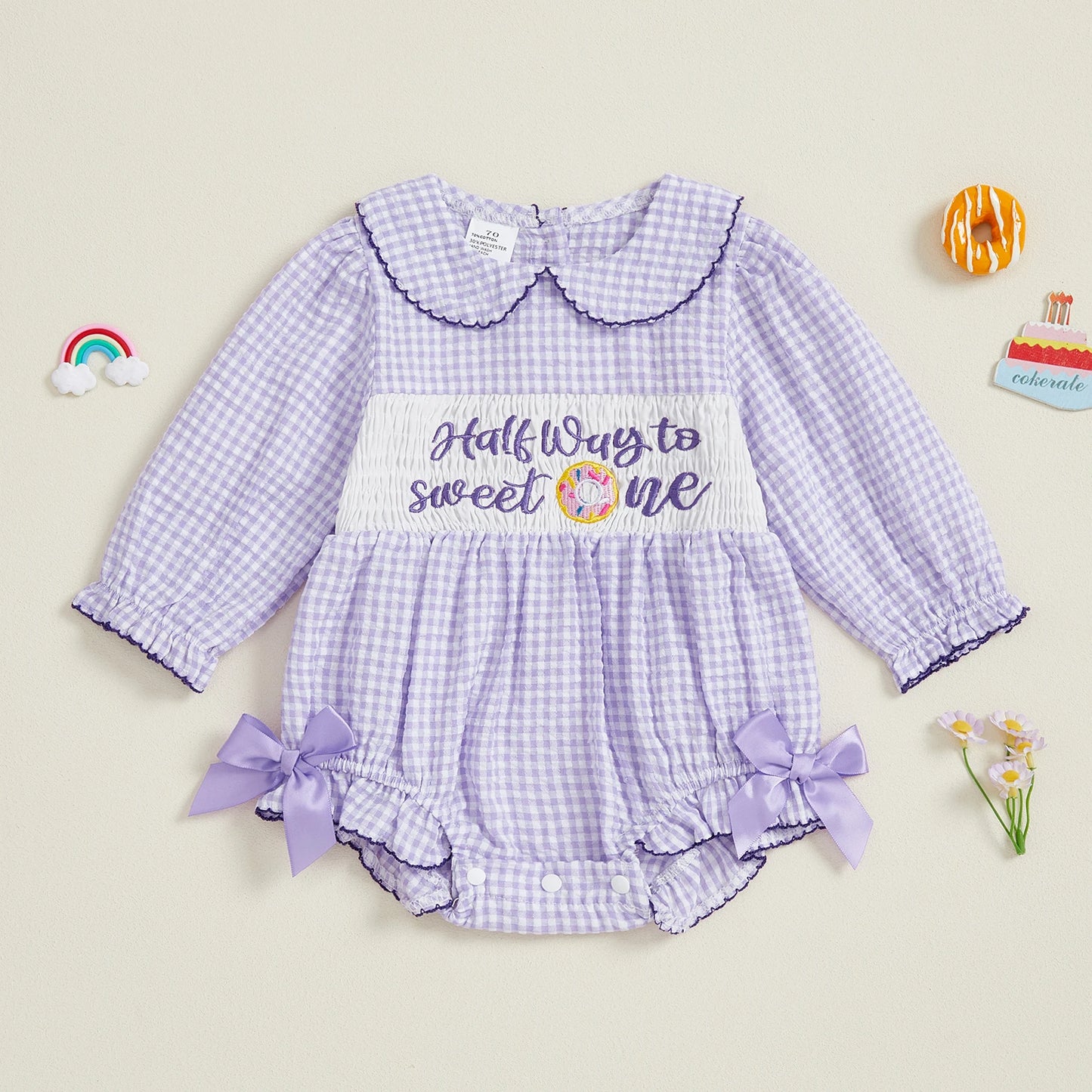 Newborn Baby Girls' Plaid Bubble Romper - Letter Embroidery Doll Collar Smocked Jumpsuit