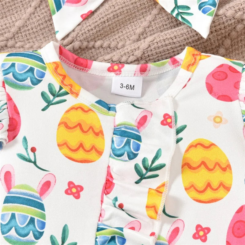 Newborn Baby Easter Jumpsuit - Long Sleeve Rabbit Egg Print Romper with Headband