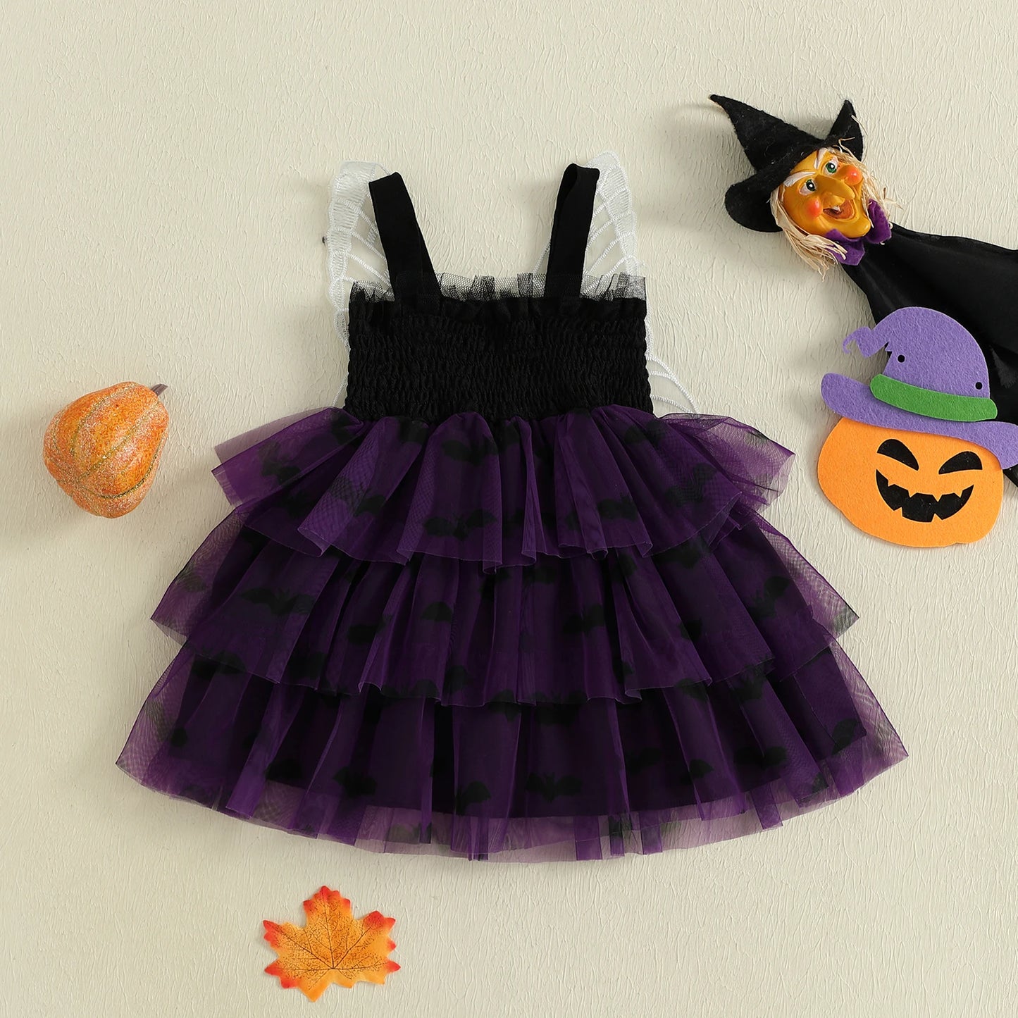Baby Girls Halloween Dress with Butterfly Wings - Ghost Print Tulle Dress