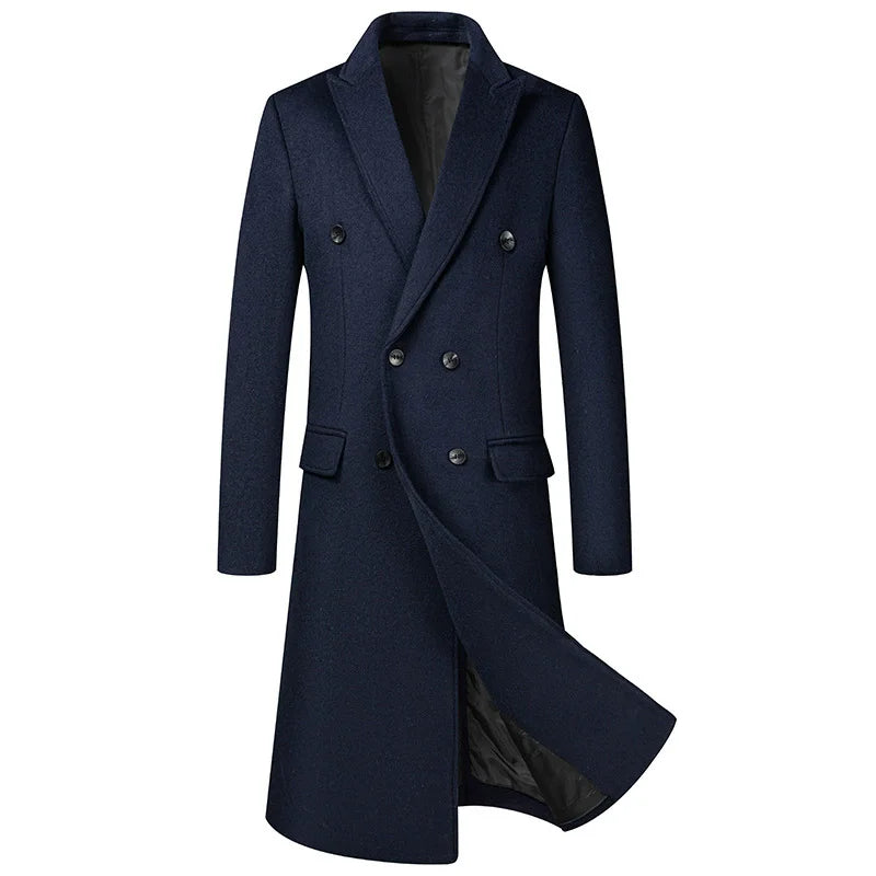 Men's Double Breasted Wool Blend Trench Coat - Smart Casual Winter Outerwear