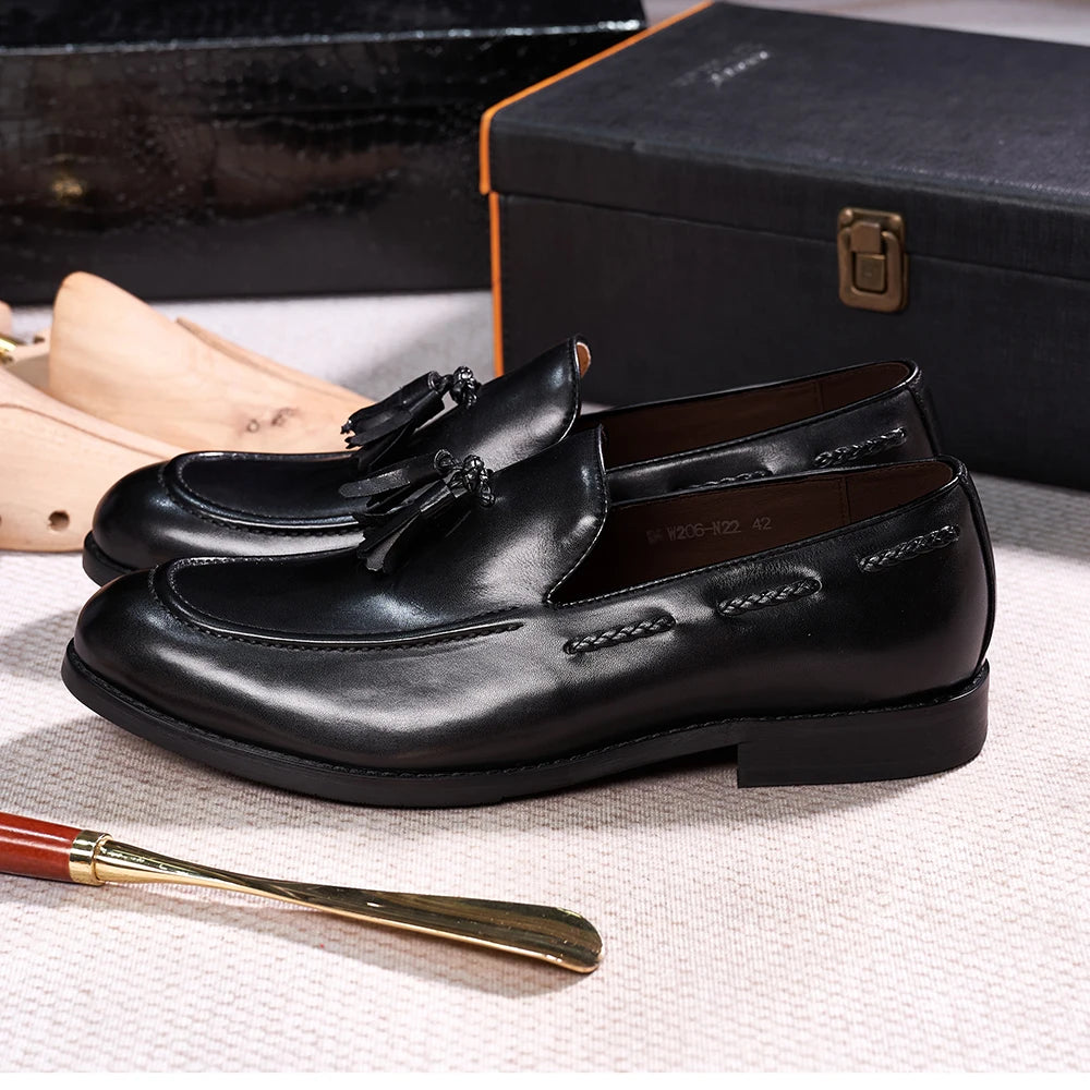 Classic Men's Tassel Loafers Genuine Leather Handmade Slip on Comfortable Office Wedding Shoes