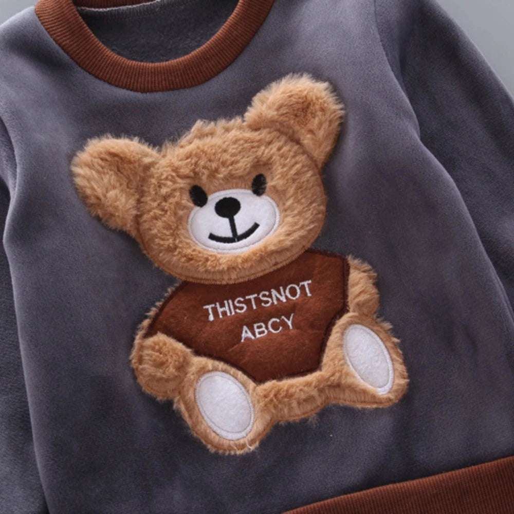 Children's Plush Warm Sports Three piece Set Little Bear Hooded Set Vest Long sleeved Sweater Set