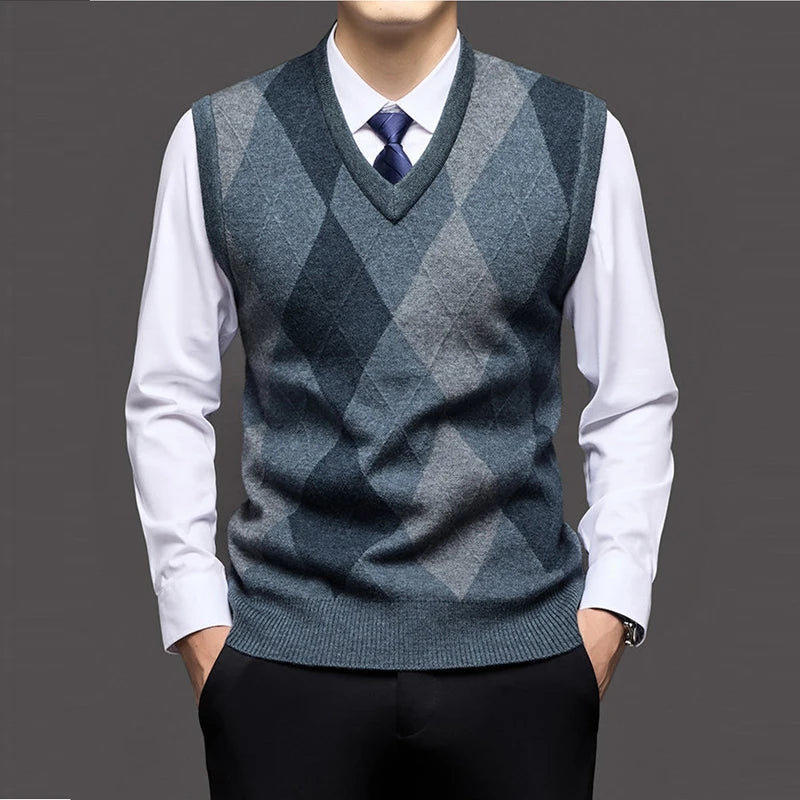 Autumn Winter Argyle V-Neck Knit Vest - Smart Casual Sleeveless Pullover