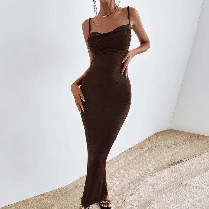 Women's Draped Maxi Dress - Sleeveless Spaghetti Strap Bodycon Dress