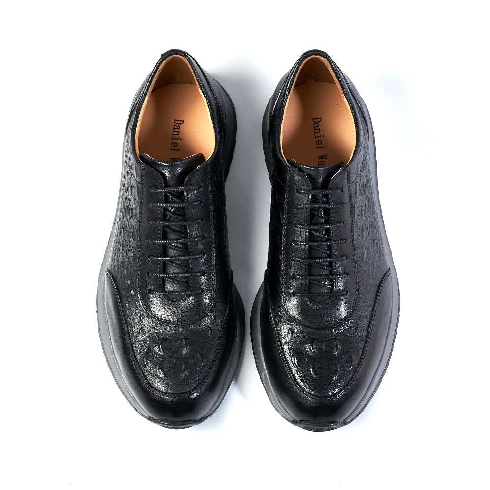 Men's Genuine Leather Crocodile Pattern Oxford Sneakers – Lace-Up Casual Flat Shoes