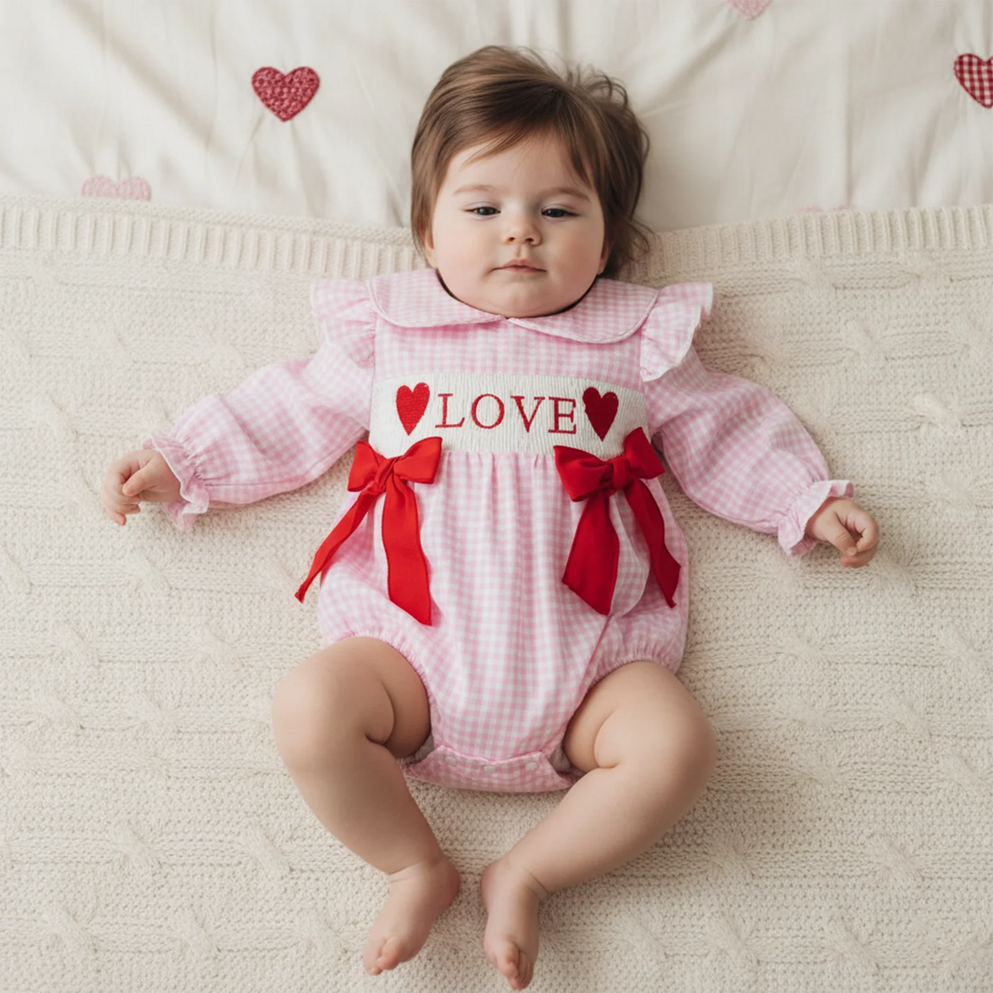 Baby Girls Valentine's Romper - Plaid Embroidered Ruffled Doll Neck Jumpsuit 0-18M