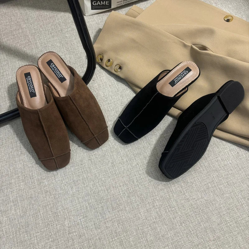 Women's Suede Square Toe Flat Slippers