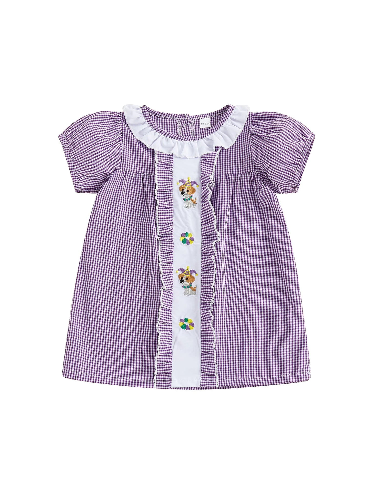 Girls Plaid A-Line Dress - Cartoon Embroidered Ruffle Trim Short Sleeve