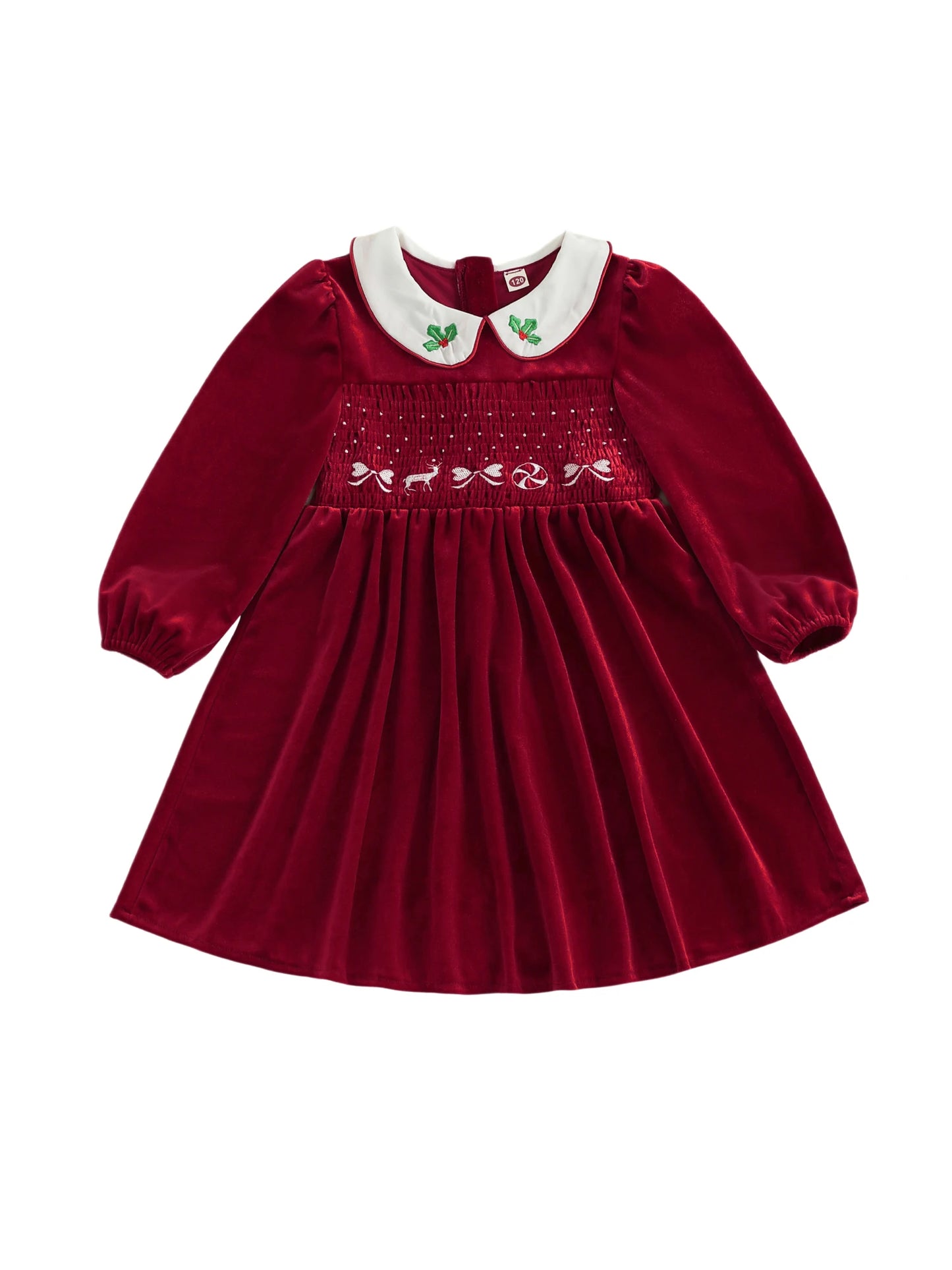 Little Girl's Velvet Christmas Dress - Deer Bow Holly Embroidered Smocked A-Line