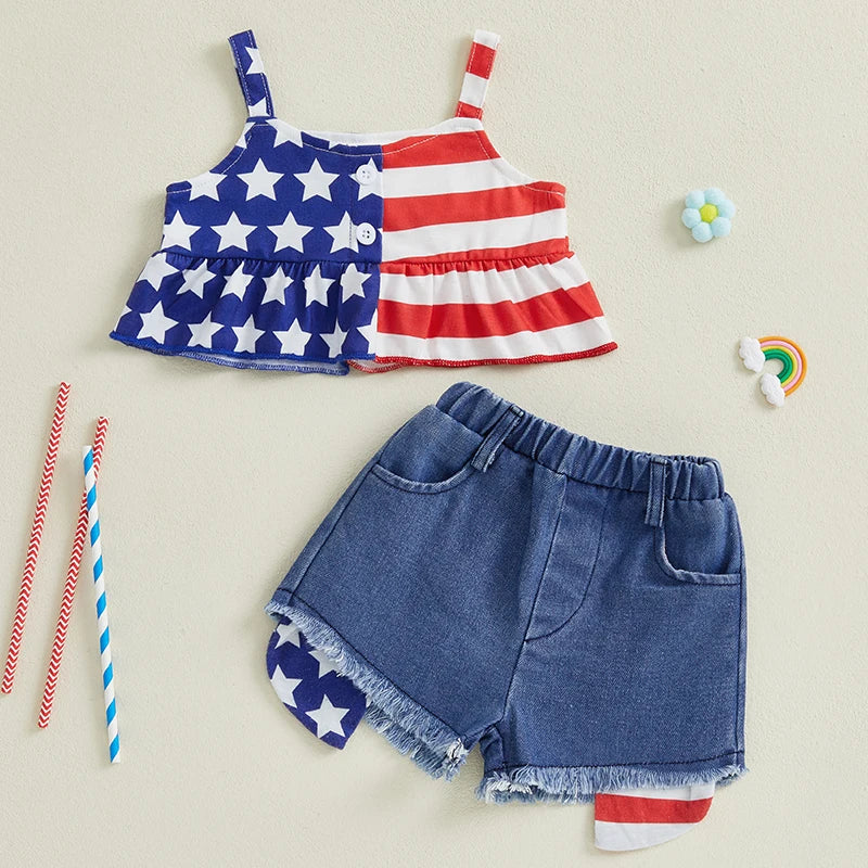 0-4Y Kids Girls American Flag Clothes Sets Star Stripe Print Camisole and Elastic Raw Denim Shorts