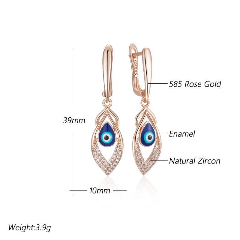 Rose Gold Blue Enamel Drop Earrings - Natural Zircon Wedding Party Jewelry
