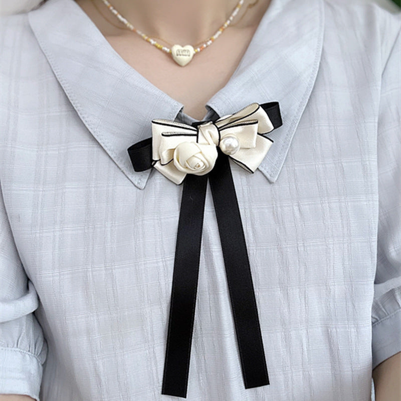 Rose Flower Brooch with Pearl & Ribbon Bow - Women's Fashion Pin