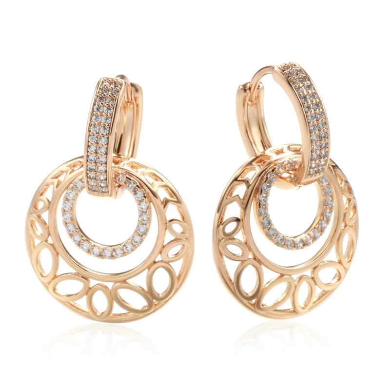 Women's Unusual Metal Sculpture Flower Natural Zircon 585 Rose Gold Dangle Earrings