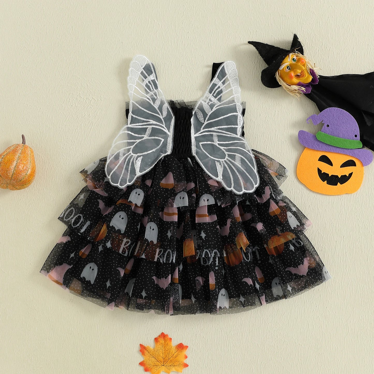 Baby Girls Halloween Dress with Butterfly Wings - Ghost Print Tulle Dress