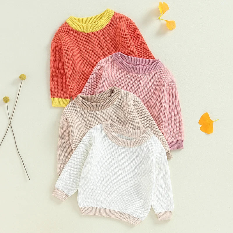 0-4Y Baby Knit Sweaters Long Sleeve Round Neck Patchwork Pullover Top