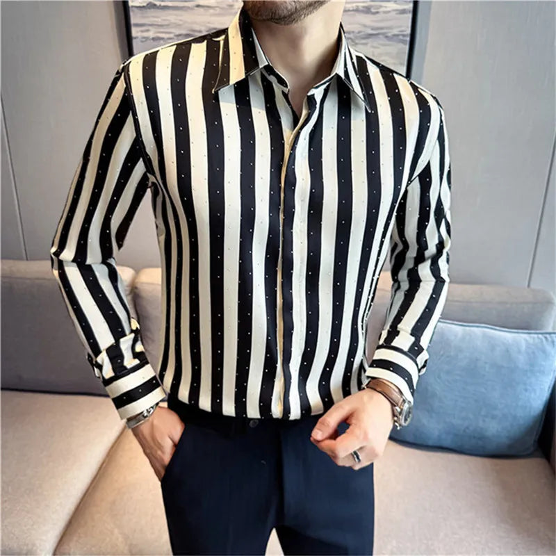 Men's Striped Square Collar Long Sleeve Shirt