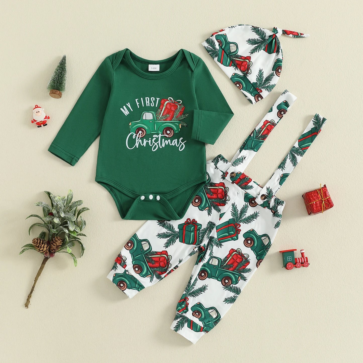 Christmas Baby Boys 3-Piece Outfit Set - Printed Romper, Overalls & Hat (0-18M)