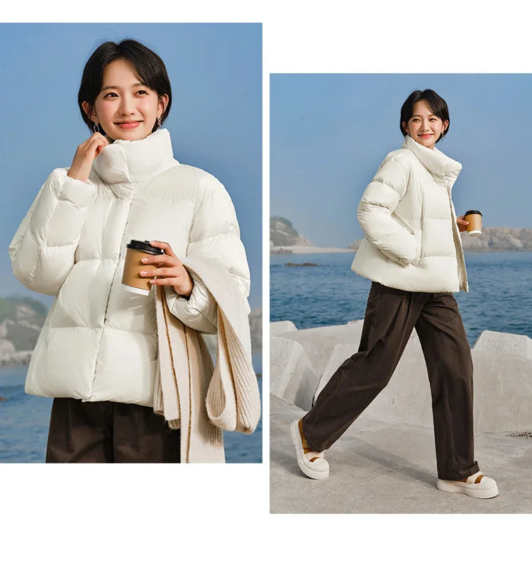 Down Jacket Women Three-Proof Solid Color Stand-Up Collar Loose Simple Winter Versatile Goose Warm