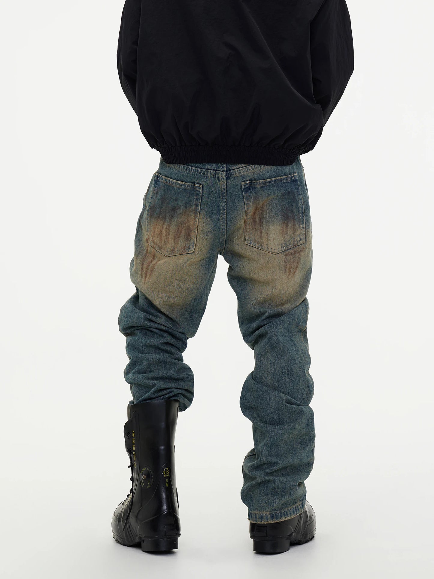 Men's Washed Stained Sprayed Distressed Dirty Frayed Loose Denim Jeans