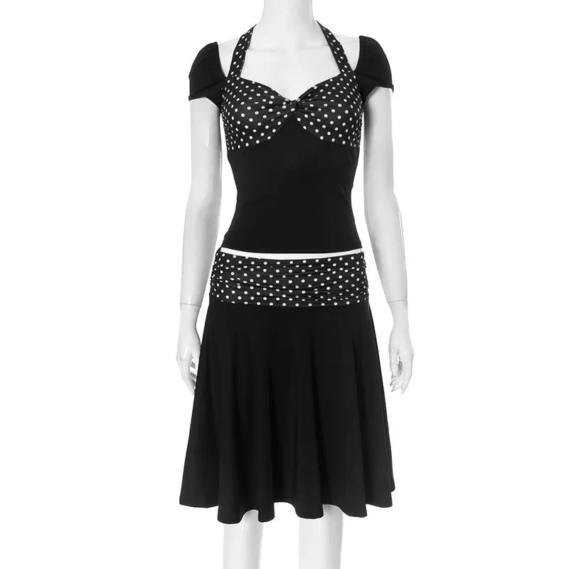 Women's Skirt Two Pieces Set Halter Neck Short Sleeve Top Polka Dot Print Patchwork Skirt Set