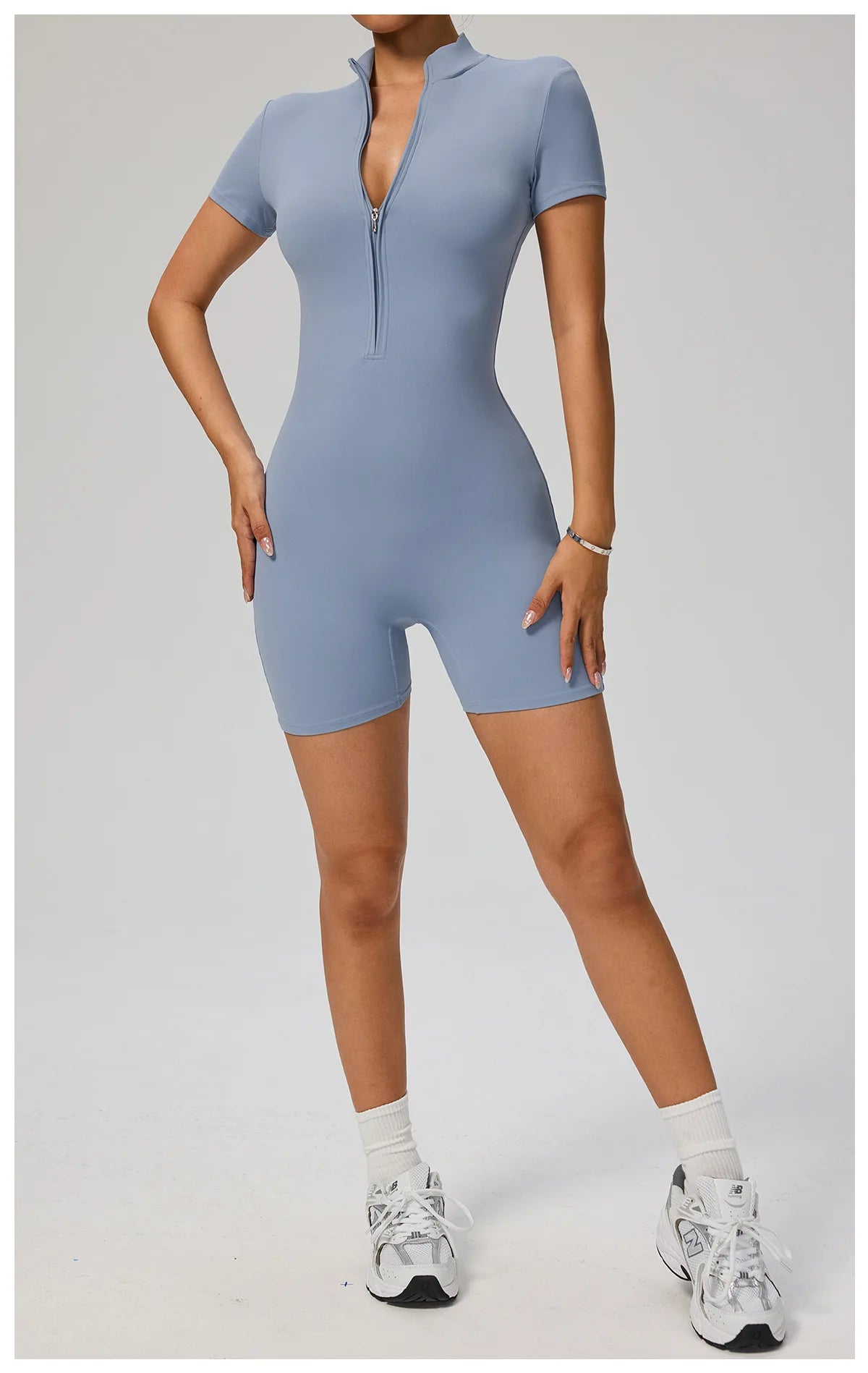 Zipper Front Jumpsuit - Short Sleeve Nylon Workout Set for Gym & Yoga