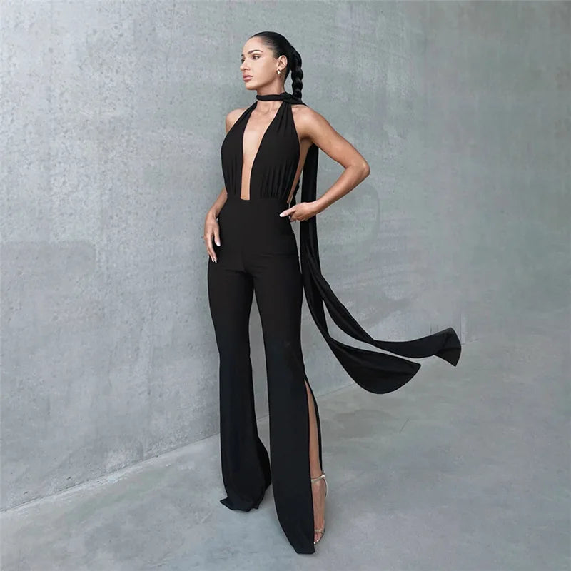 Women's Deep V Wrap Around Halter Backless Flare Pants Jumpsuit -  One-Piece Rompers Overalls