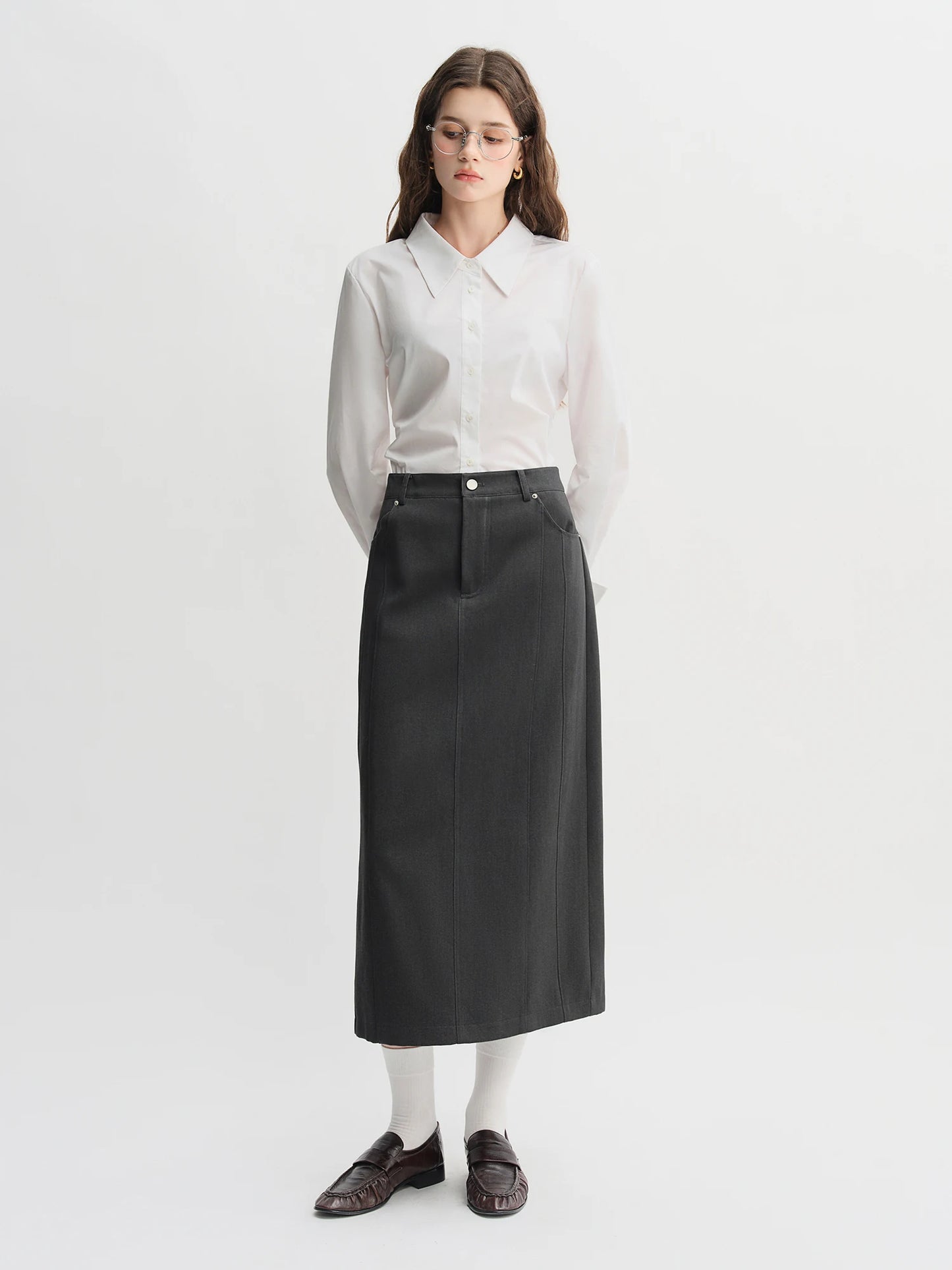 Pleated Tie-Waist Shirt & A-Line Skirt Suit - Tricolour Two-Piece