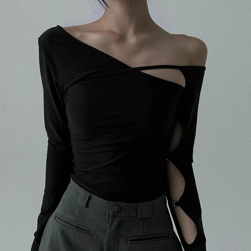 Women's Asymmetric Elegant Top - Hollow Out Long Sleeve Top