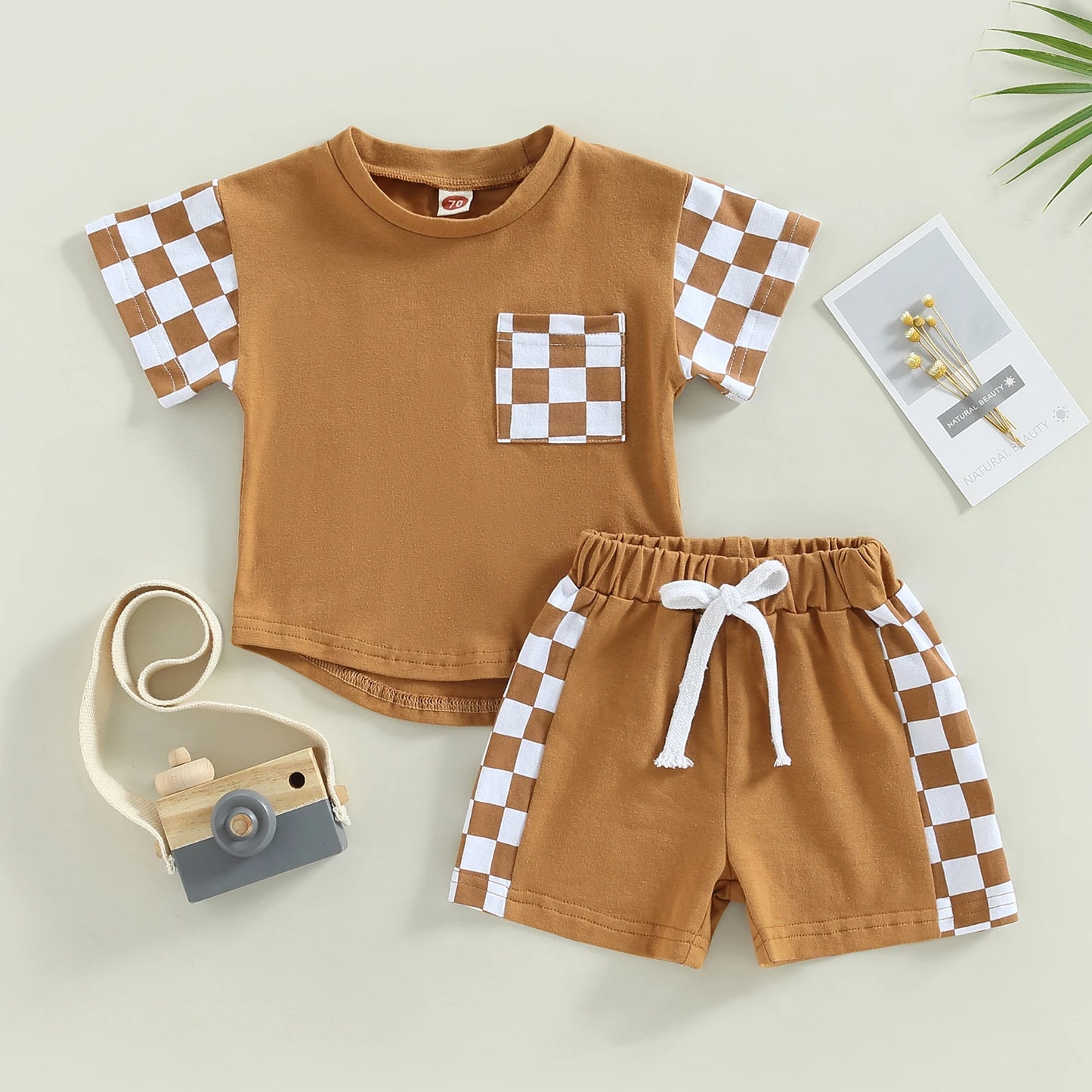 0-3Y Toddler Baby Boy Summer Clothes Sets Plaid Patchwork Short Sleeve Pocket T-Shirt and Elastic Waist Shorts
