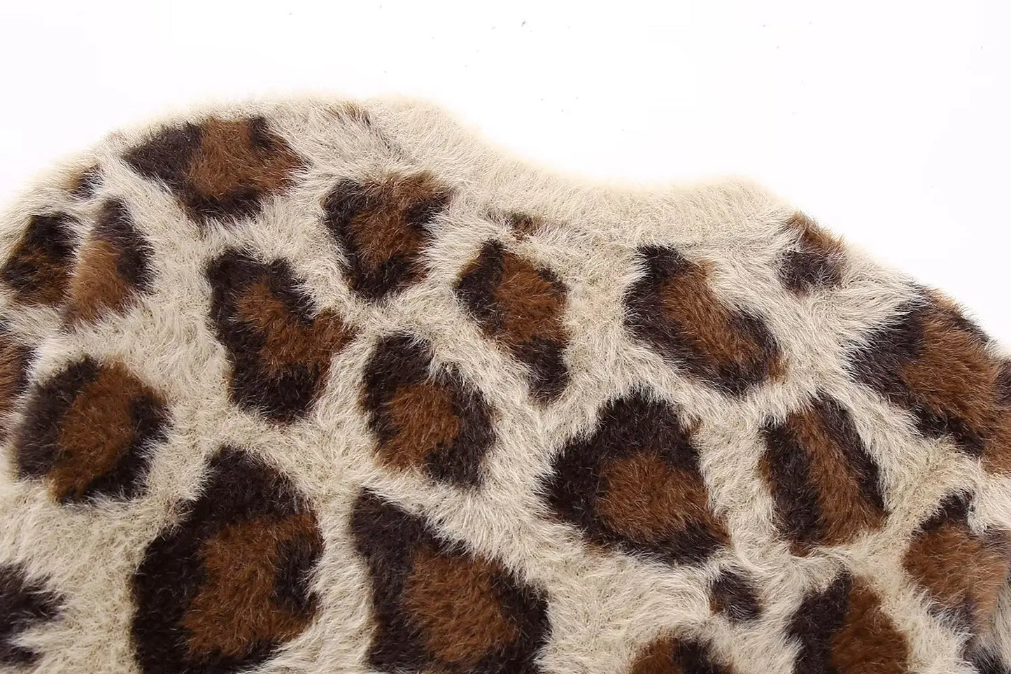 Women's Leopard Print Knit Sweater Cardigan Round Neck Jacquard Long Sleeve Knitted Jacket