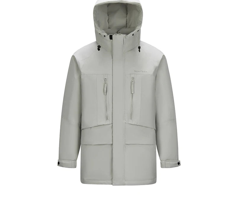 Mid-Length Down Jacket - Men's Color Block Hooded Winter Coat