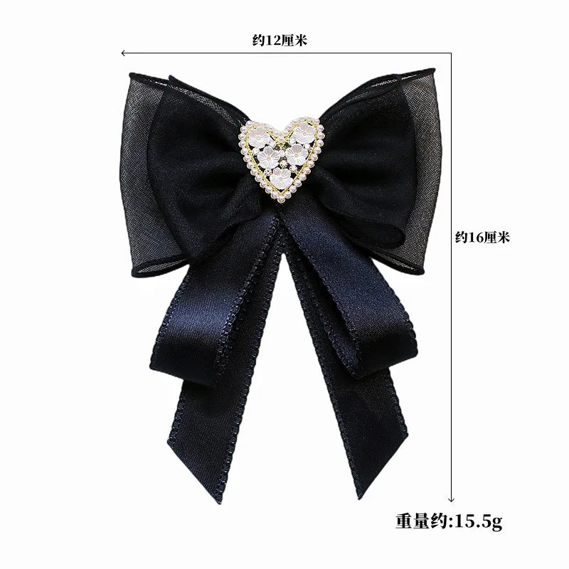 Black Fabric Bow Brooch - College Style Crystal Collar Pin