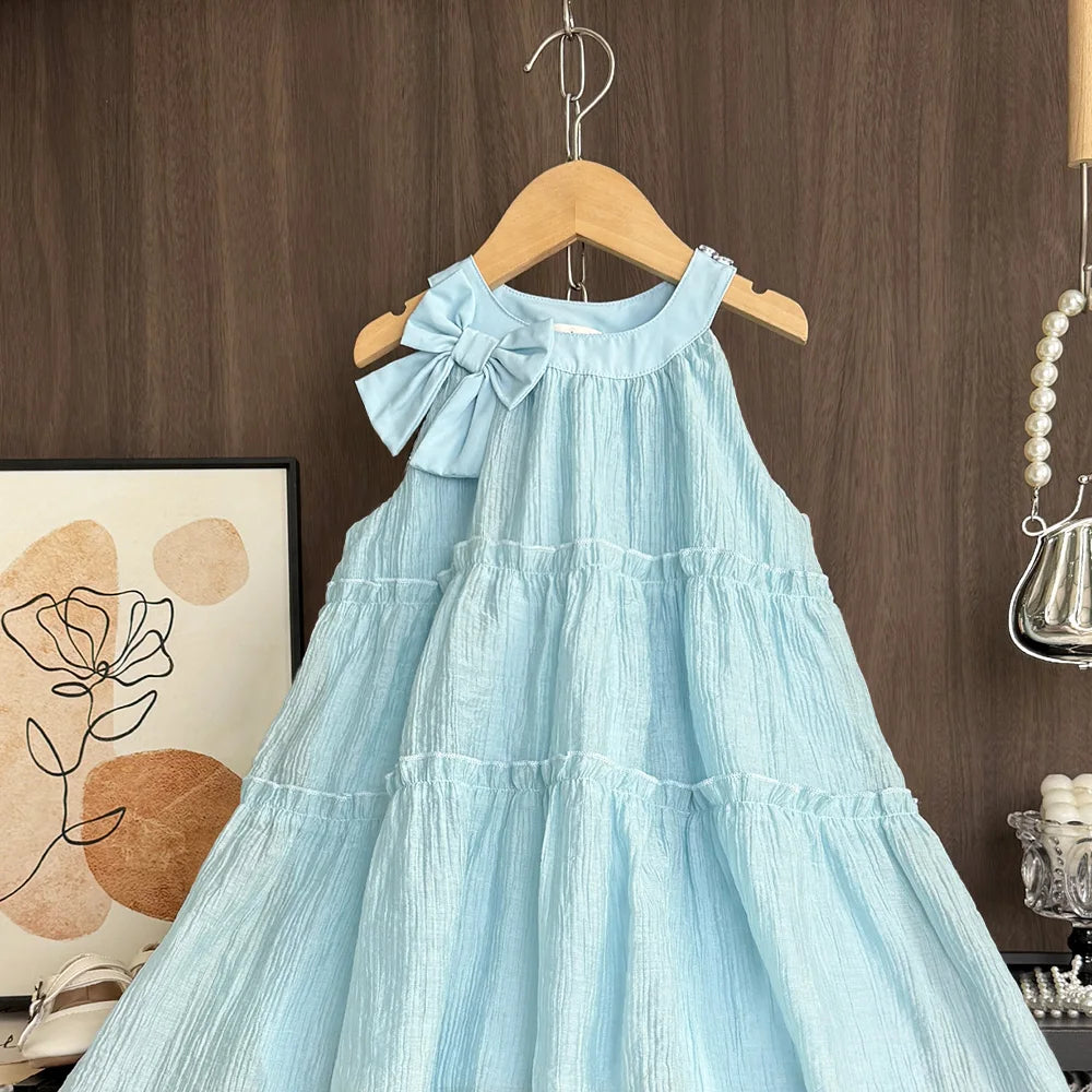 Girl's Neck Hanging Summer Plain Casual Bow Sleeveless Easter Dress