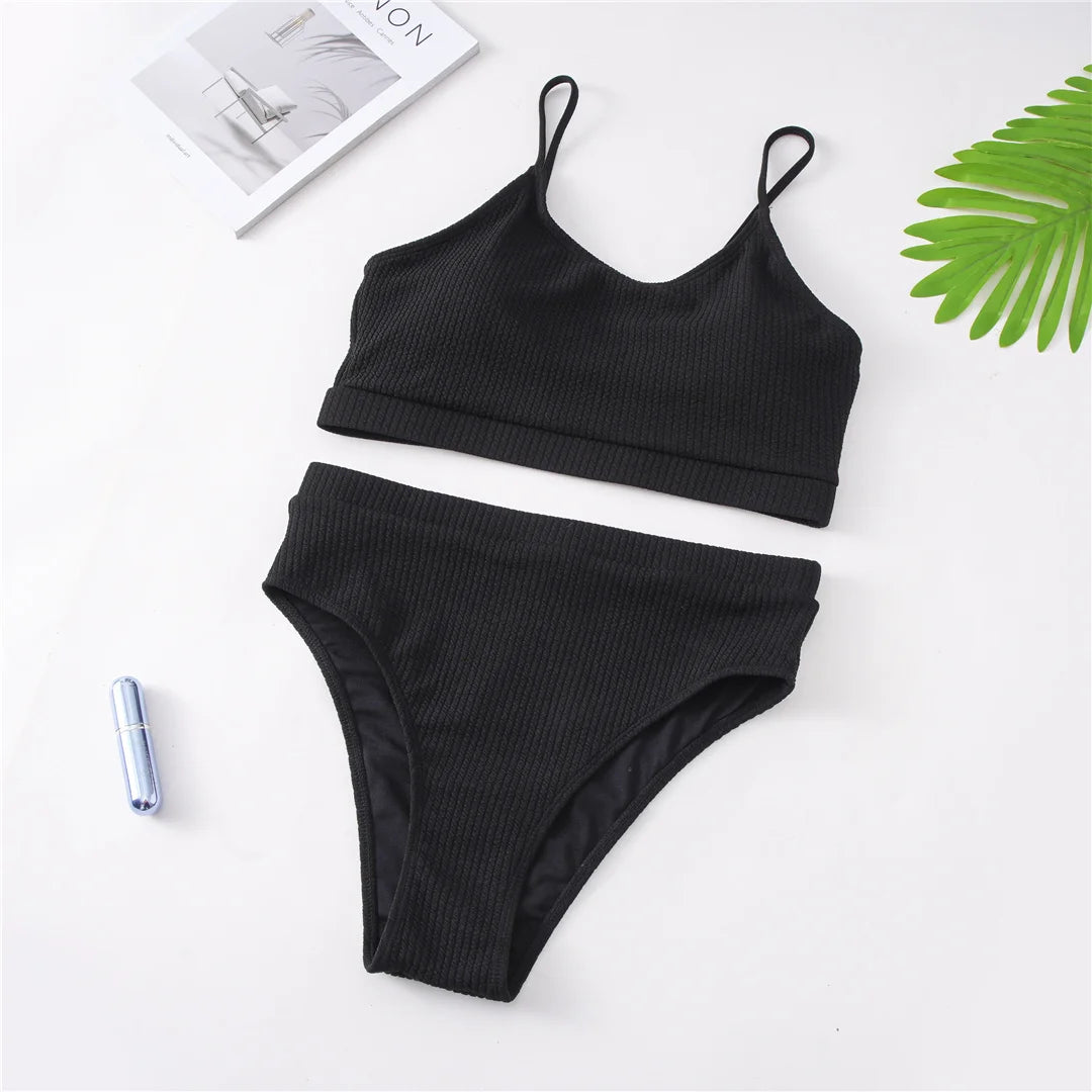Ribbed Bikini Set - High Waist Two Piece Swimsuit